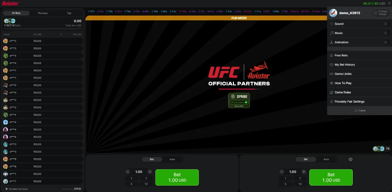 Aviator demo mode virtual credits interface screen
